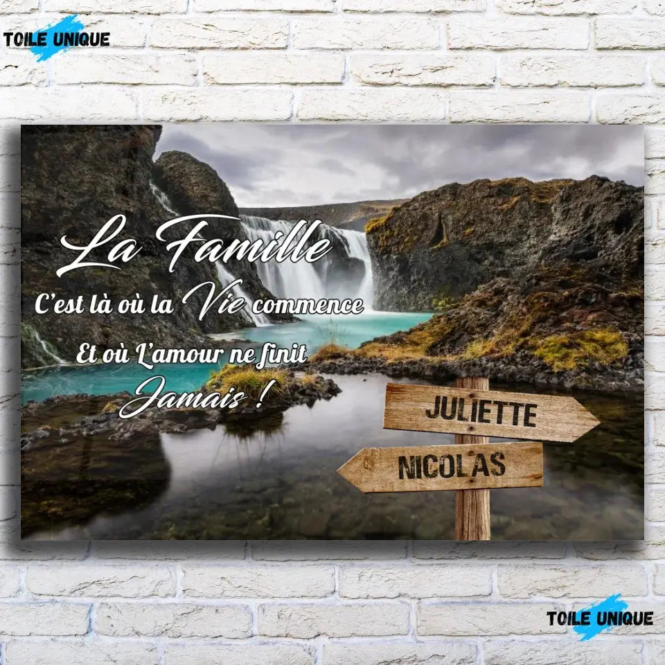 Toile prénoms personnalisée cascade d'eau sur mur de briques, décoration industrielle