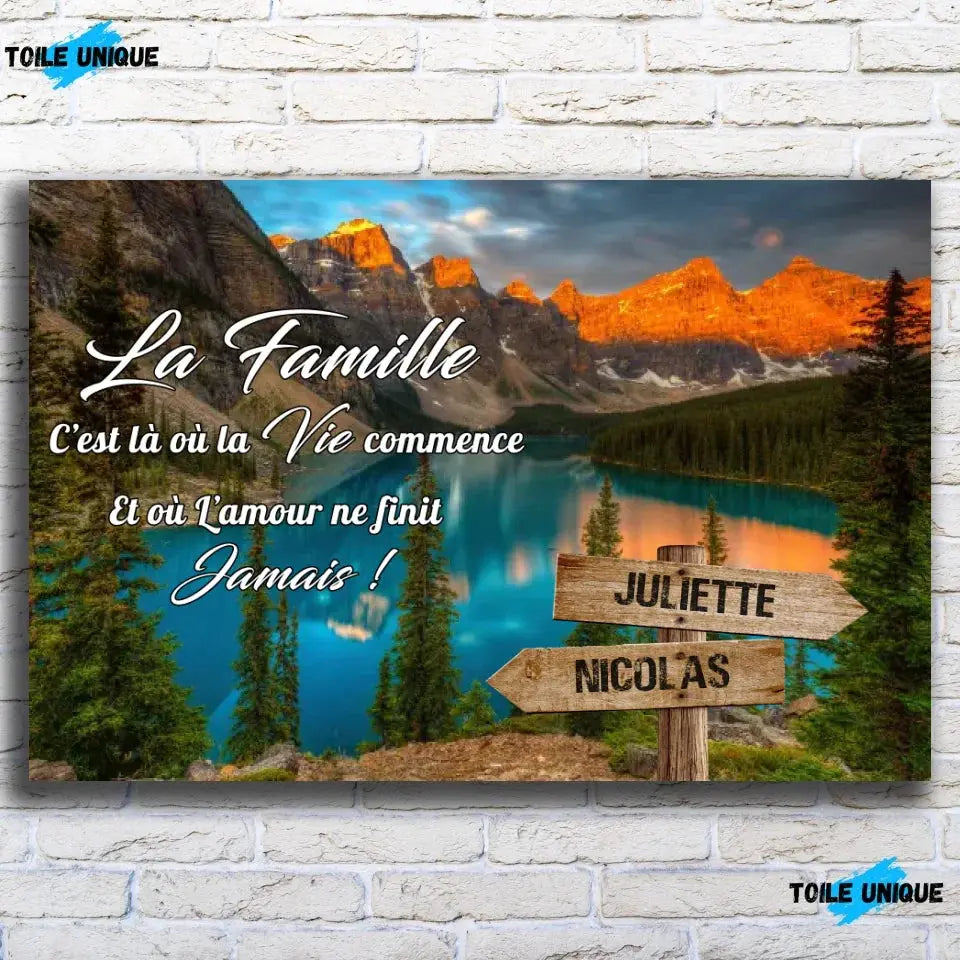 Toile prénoms personnalisée Lac bleuté sur mur de briques, gros plan