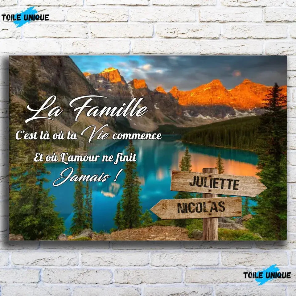 Toile prénoms personnalisée Lac bleuté sur mur de briques, décoration industrielle