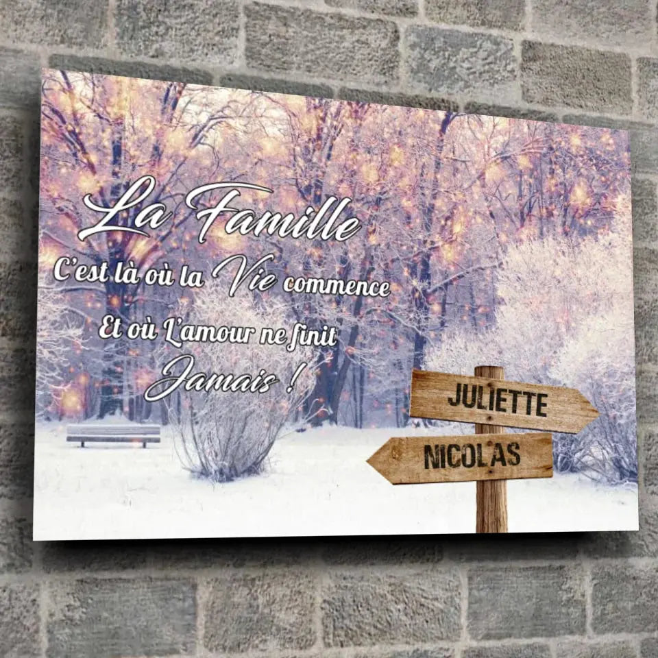 Toile prénoms personnalisée paysage enneigé sur mur de pierre grise, ambiance loft