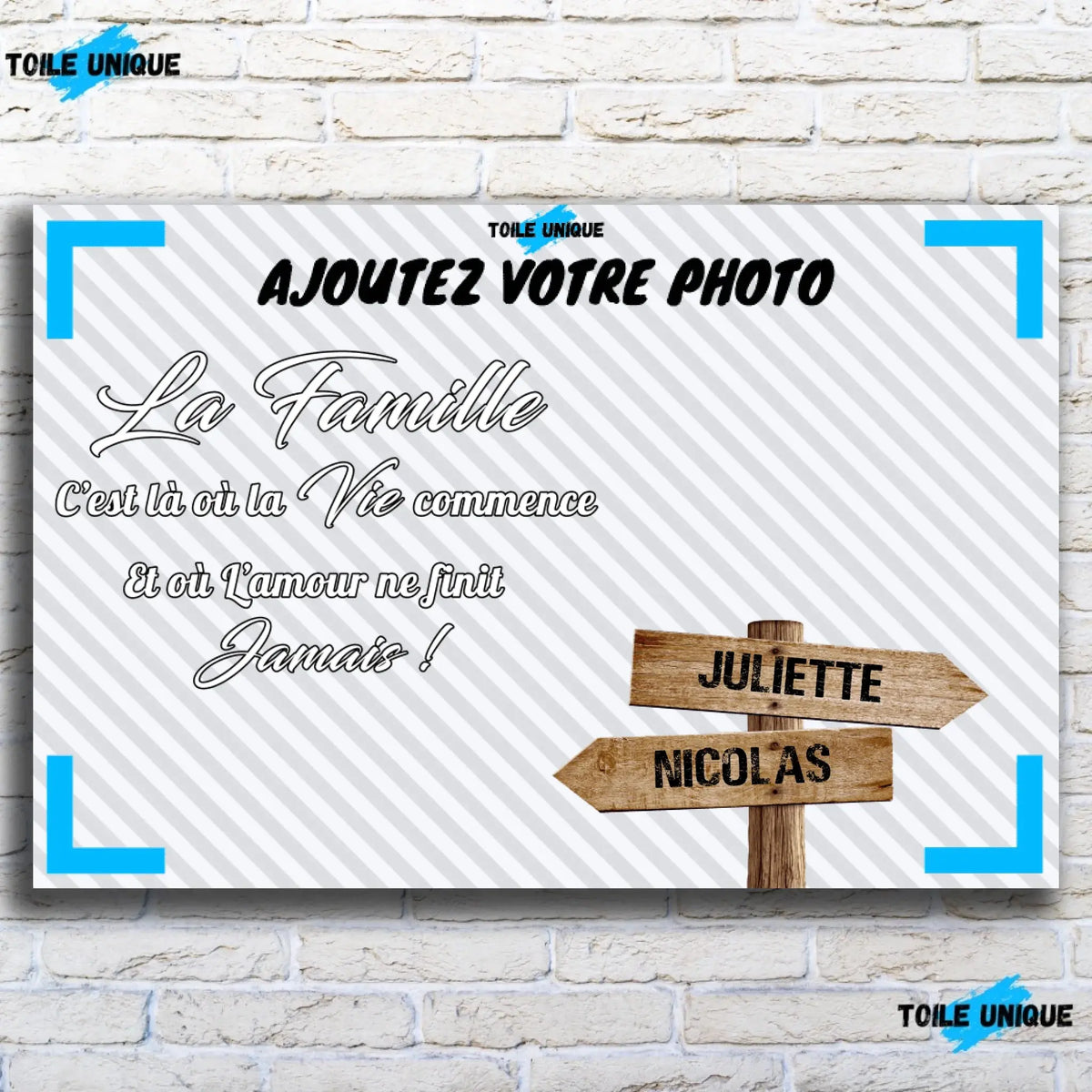 Toile prénoms personnalisée photo de famille sur mur de briques, gros plan