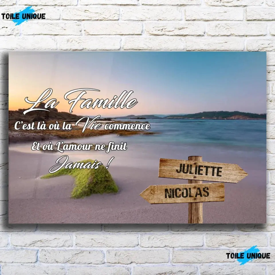Toile prénoms personnalisée plage et algues sur mur de briques, décoration industrielle