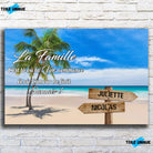 Toile prénoms personnalisée plage et cocotiers sur mur de briques, décoration industrielle