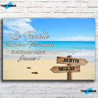 Toile prénoms personnalisée plage et sable fin sur mur de briques, gros plan