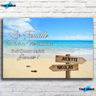 Toile prénoms personnalisée plage et sable fin sur mur de briques, décoration industrielle