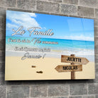 Toile prénoms personnalisée plage et sable fin sur mur de pierre grise, ambiance loft