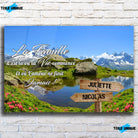 Toile prénoms personnalisée plaine et montagne sur mur de briques, décoration industrielle