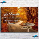 Toile prénoms personnalisée route d'automne sur mur de briques, gros plan
