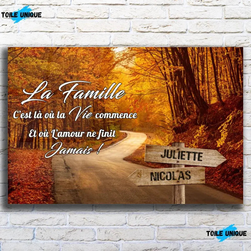 Toile prénoms personnalisée route d'automne sur mur de briques, décoration industrielle