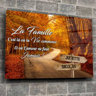 Toile prénoms personnalisée route d'automne sur mur de pierre grise, ambiance loft