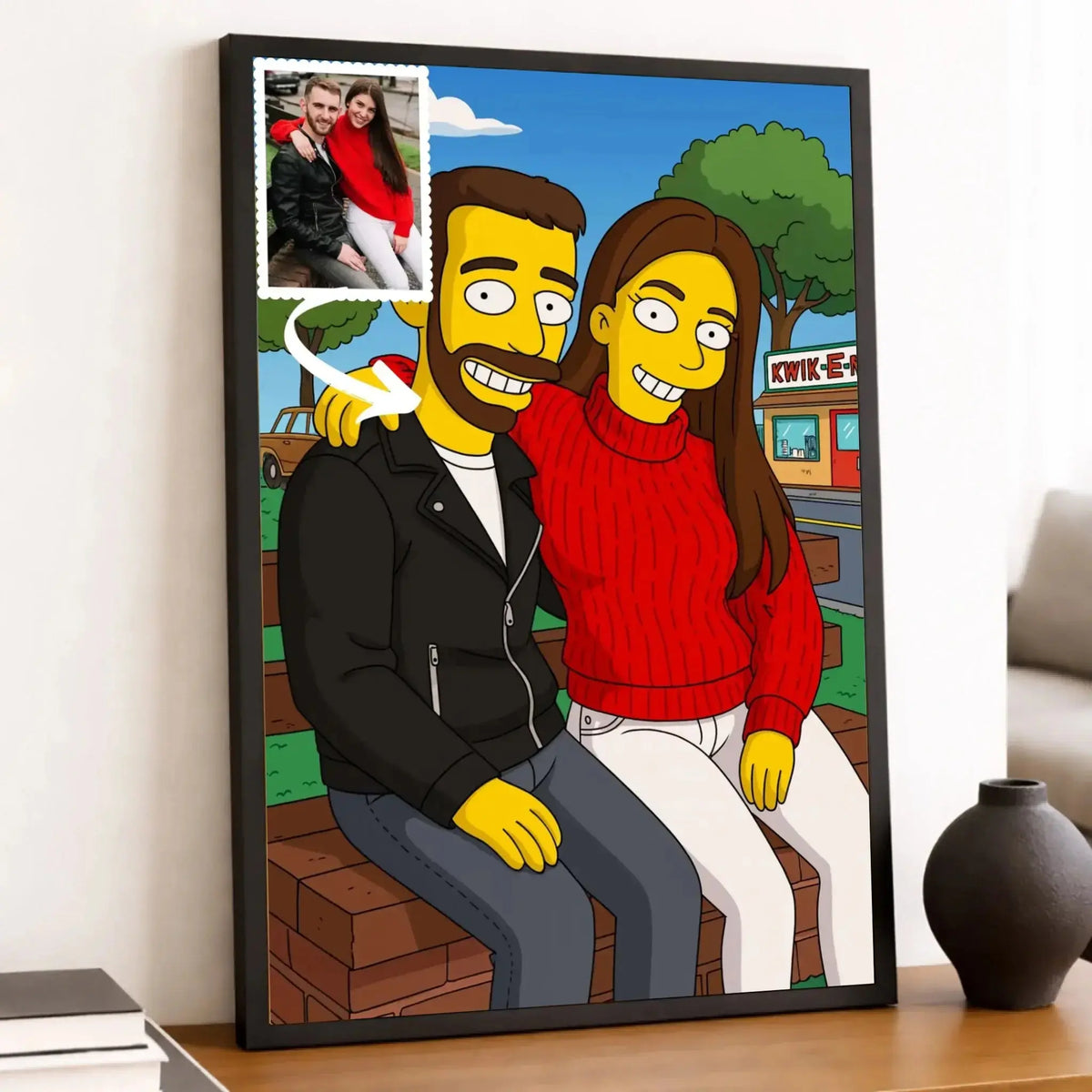 Toile personnalisée style Simpson, portrait de couple, décoration salon