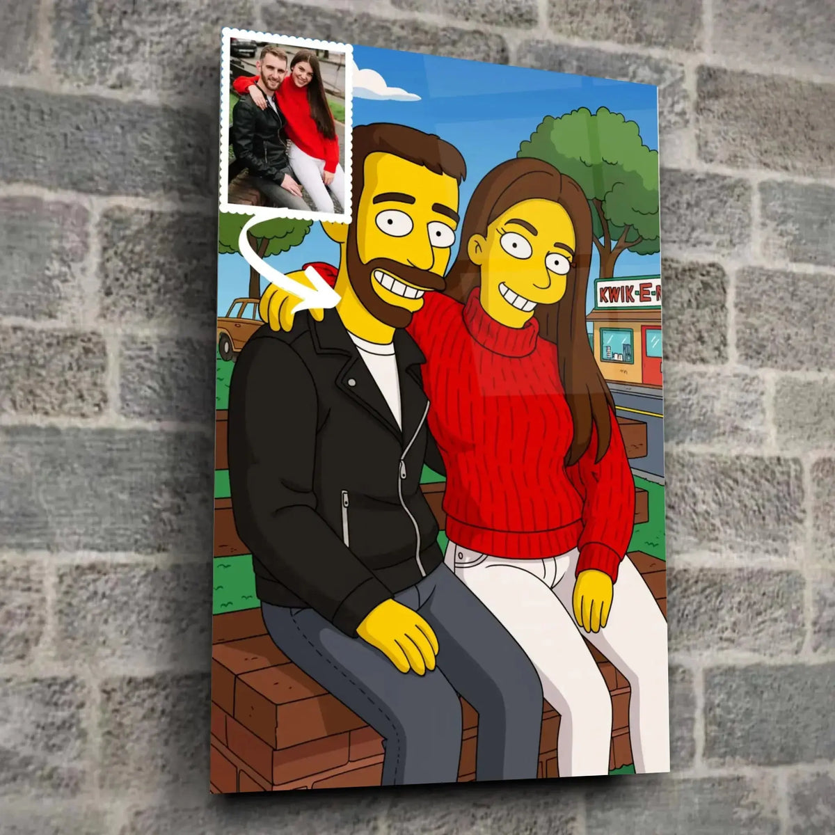 Toile style Simpson dans un loft, entourée de cadres en bois, portrait de couple