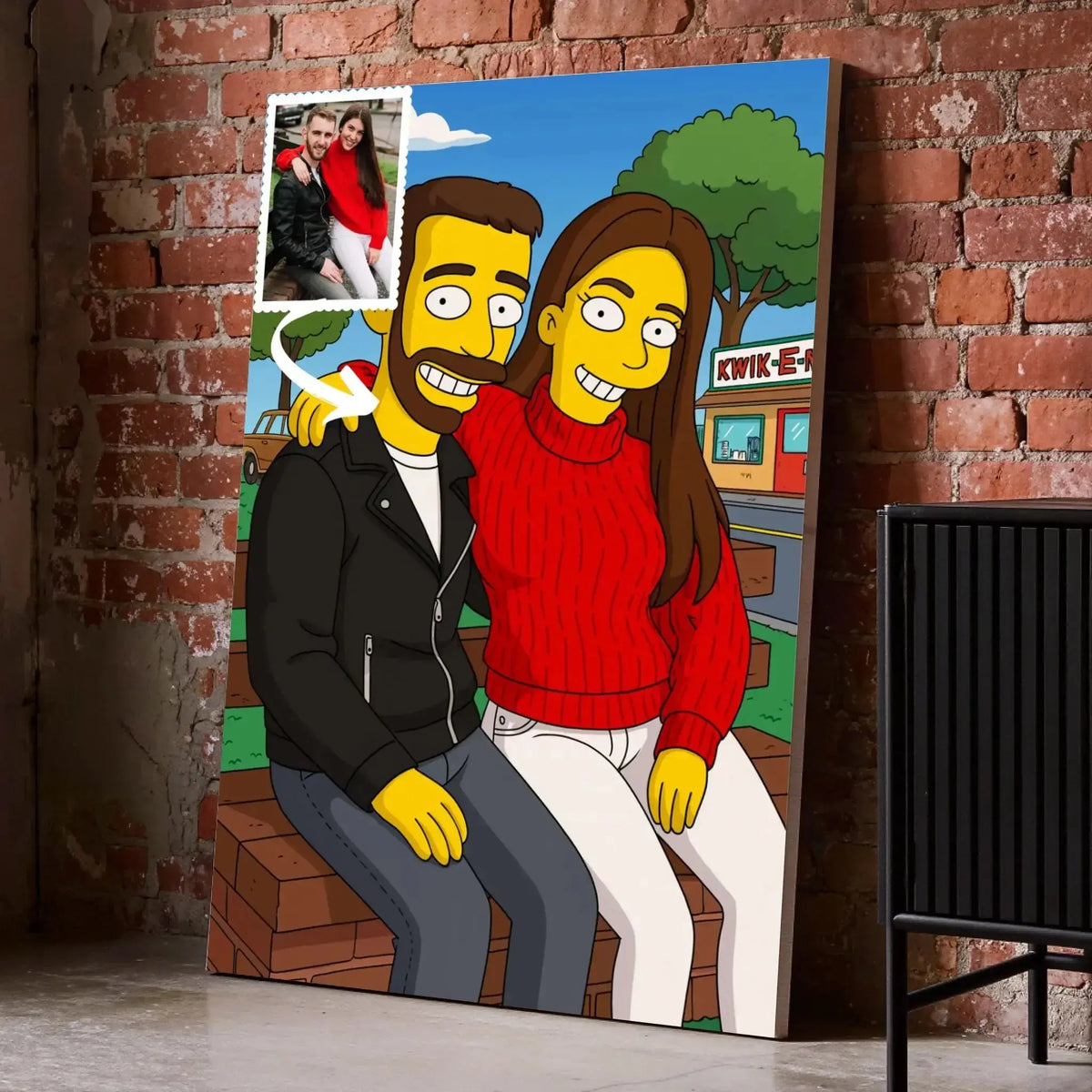 Toile personnalisée style Simpson sur mur de briques, portrait de couple, cadeau original