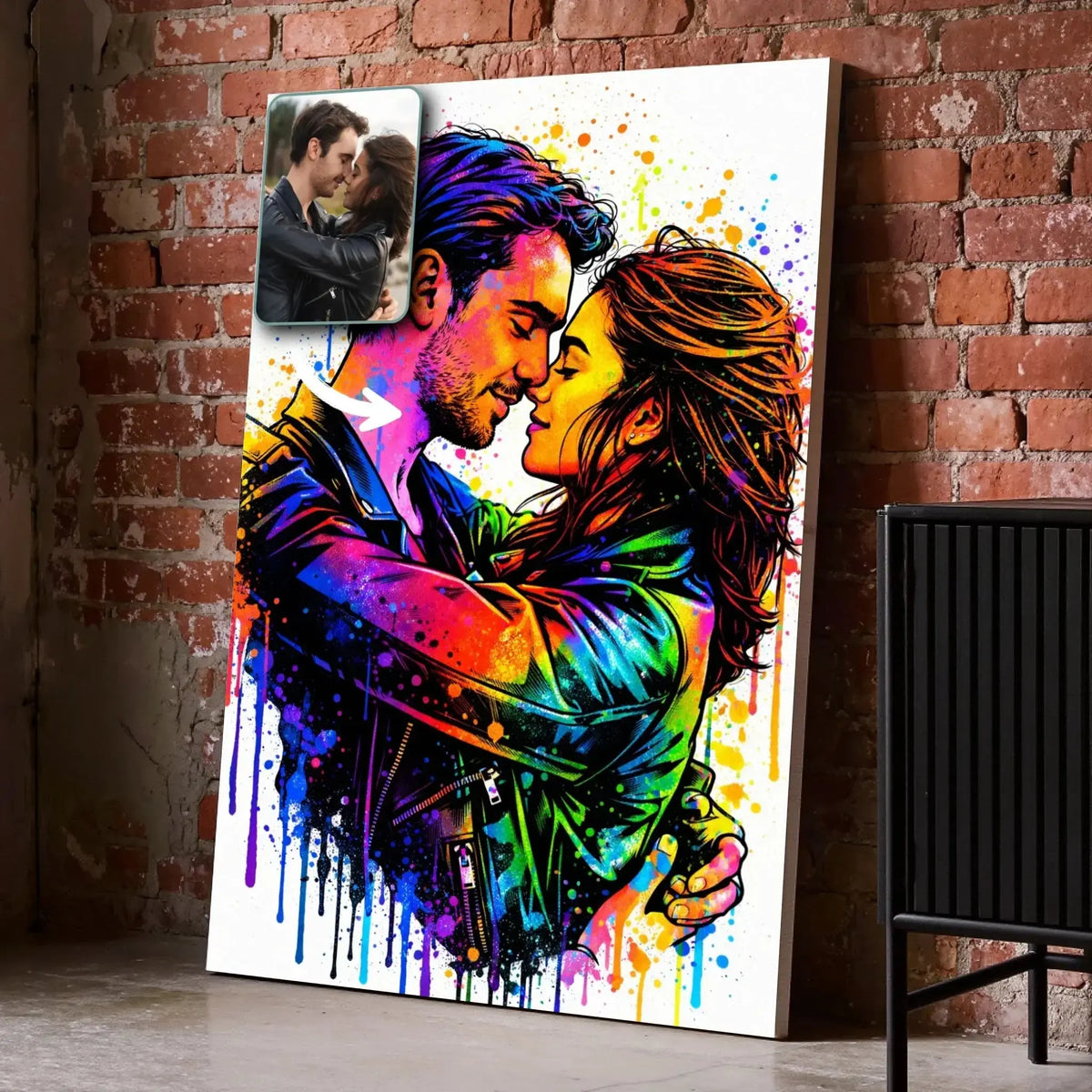 Toile personnalisée effet street art et éclaboussures sur mur de briques, portrait de couple, cadeau original
