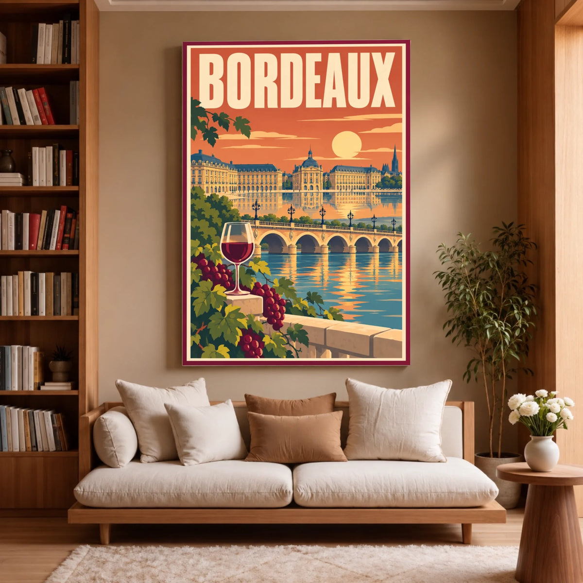 Toile décorative Bordeaux accrochée dans un salon