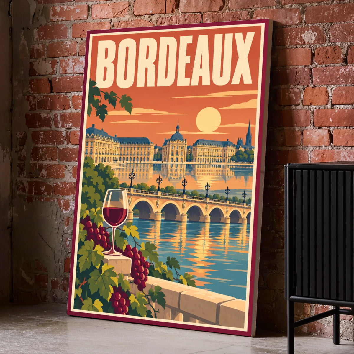 Toile décorative Bordeaux posée au sol sur un mur de briques