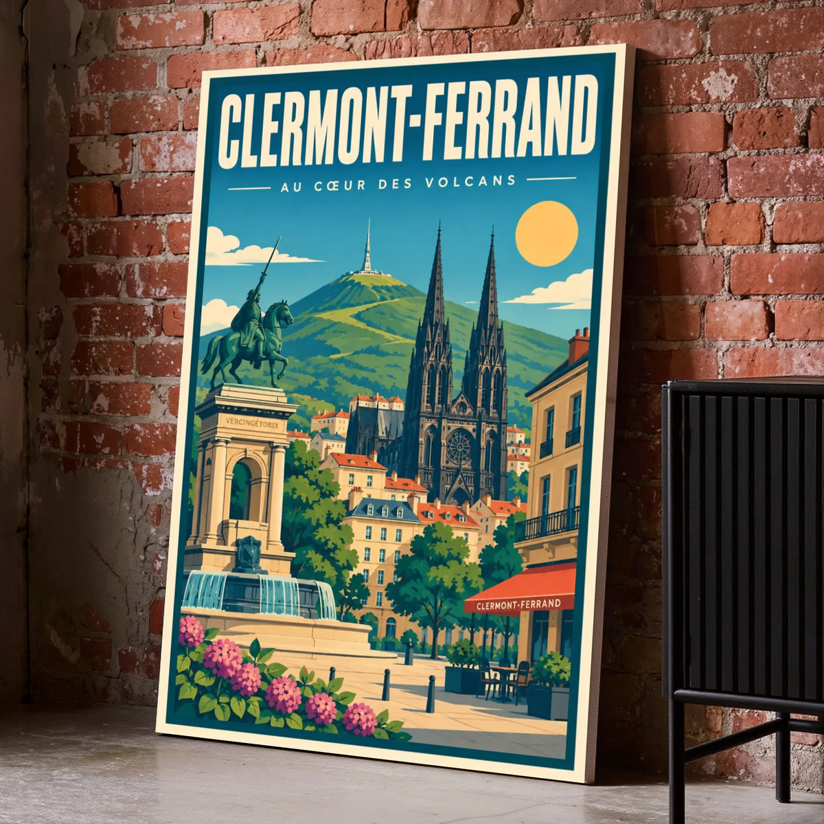 Toile décorative Clermont-Ferrand posée au sol sur un mur de briques