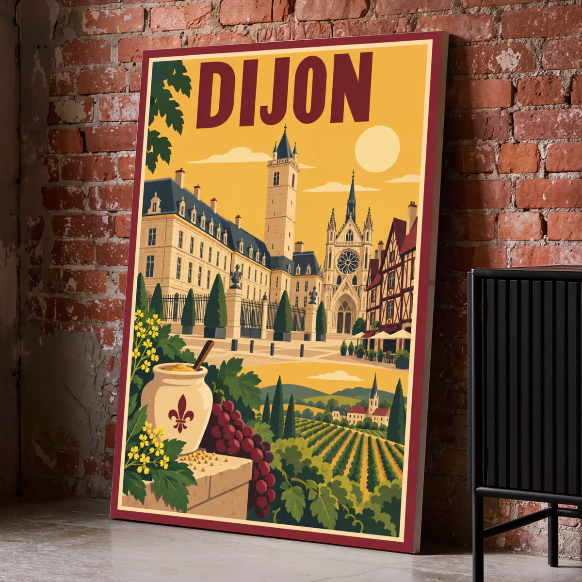 Toile décorative Dijon posée au sol sur un mur de briques