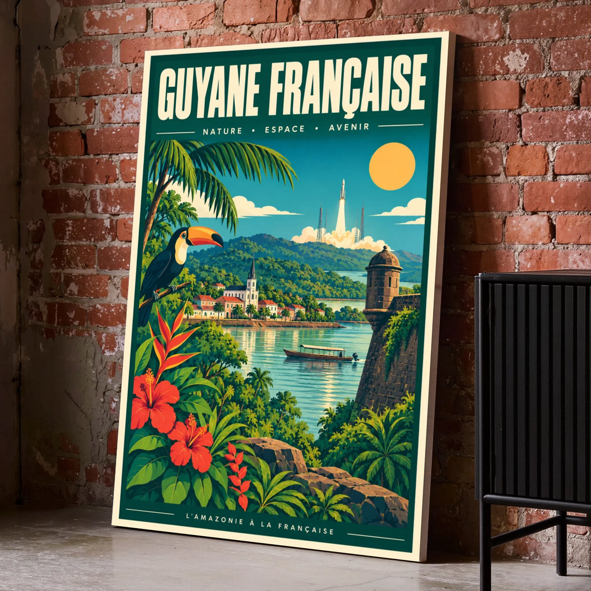 Toile décorative Guyane Française posée au sol sur un mur de briques