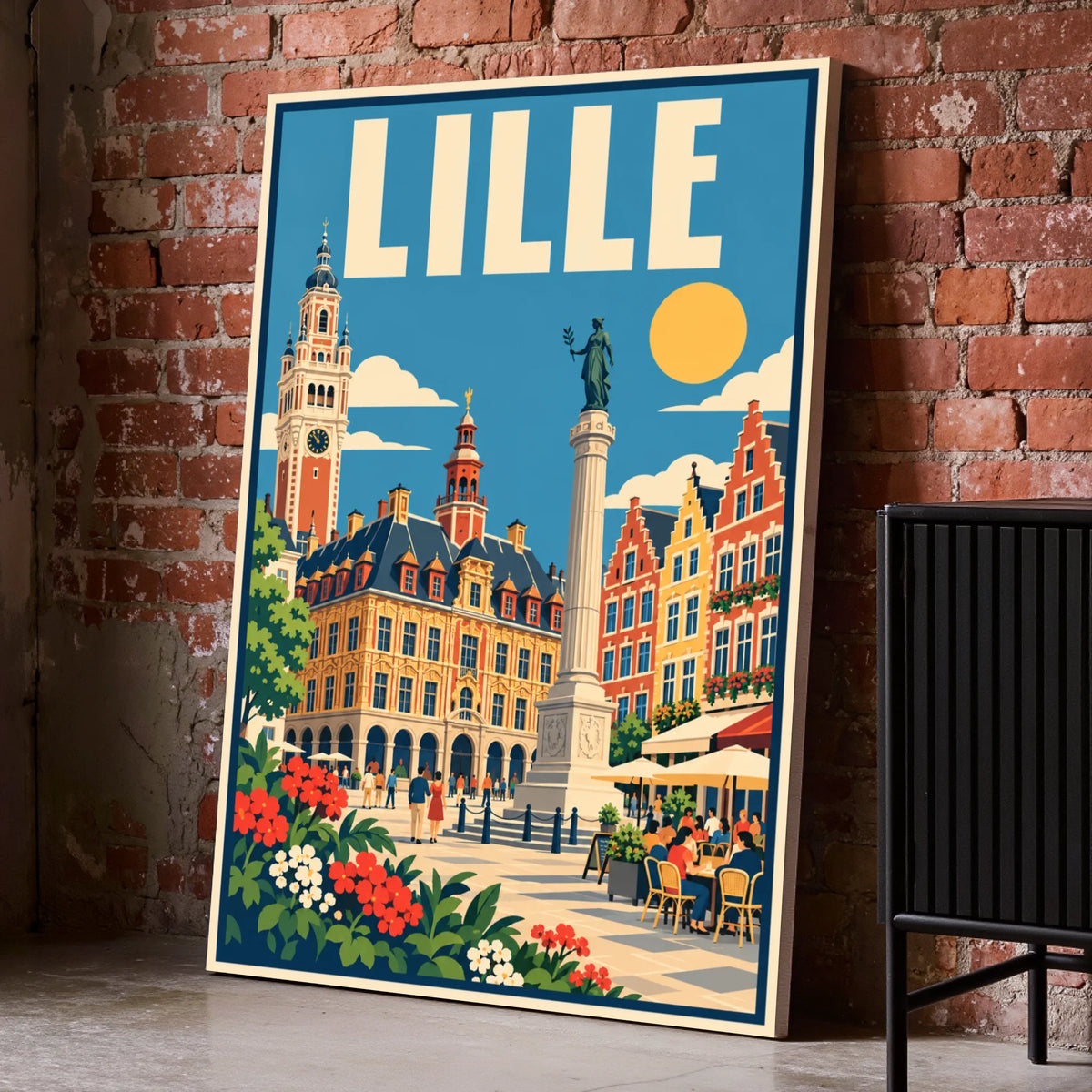 Toile décorative Lille posée au sol sur un mur de briques
