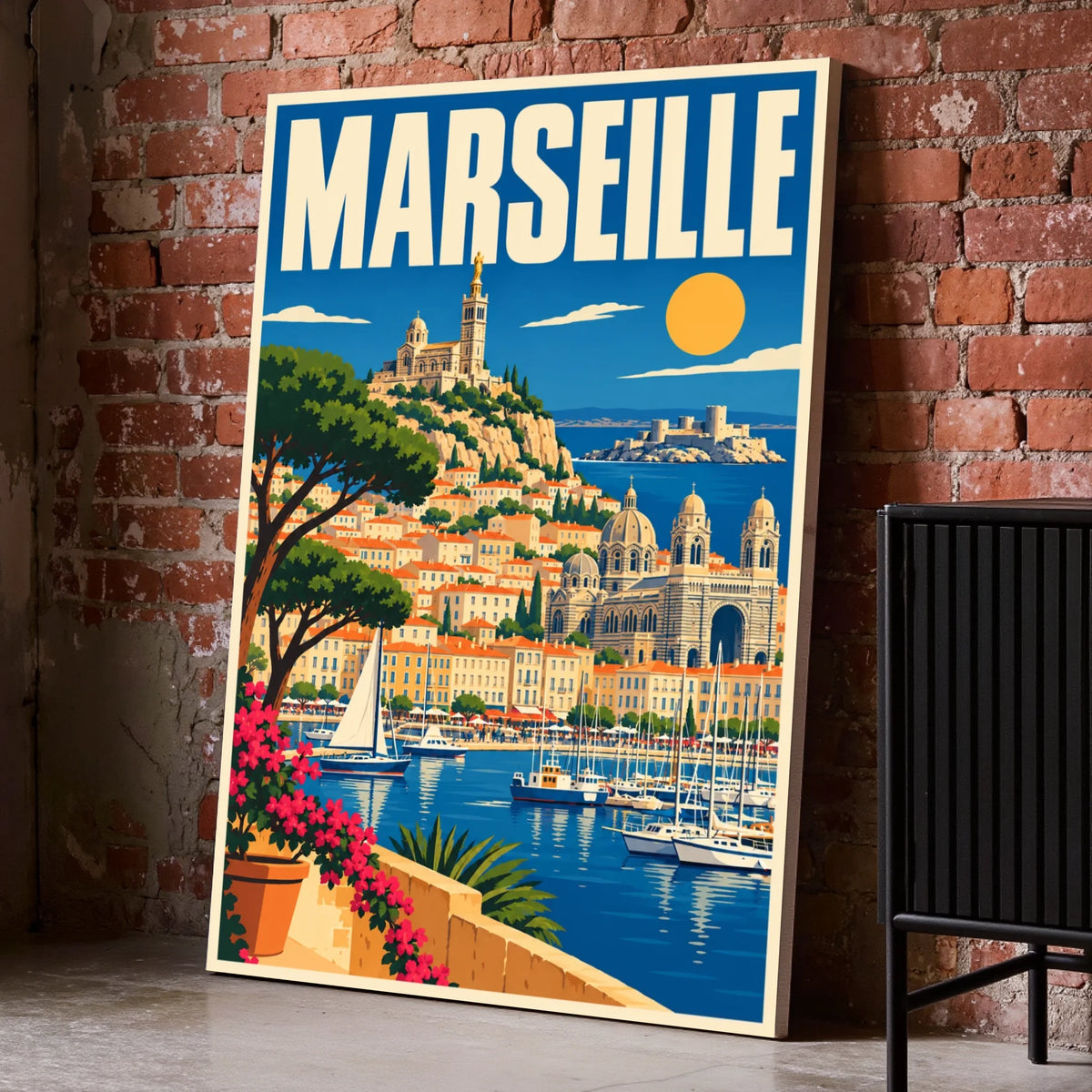 Toile décorative Marseille posée au sol sur un mur de briques