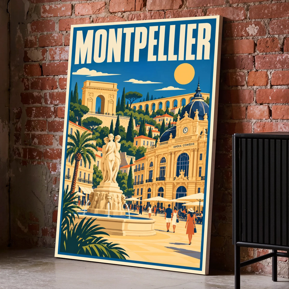 Toile décorative Montpellier posée au sol sur un mur de briques