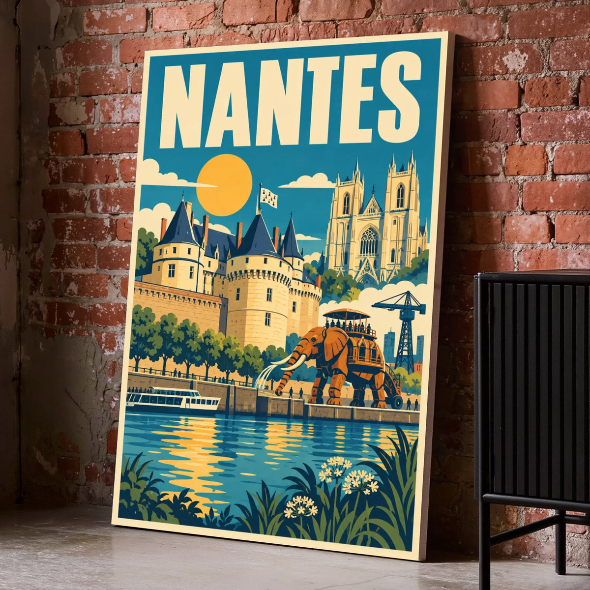 Toile décorative Nantes posée au sol sur un mur de briques