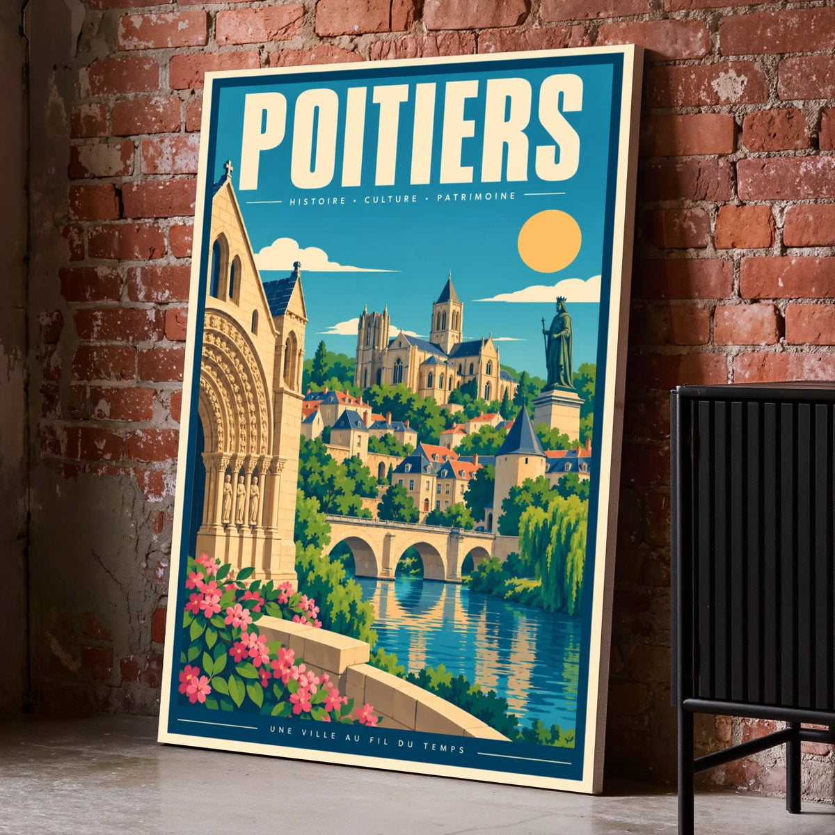Toile décorative Poitiers posée au sol sur un mur de briques