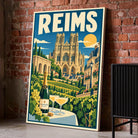 Toile décorative Reims posée au sol sur un mur de briques