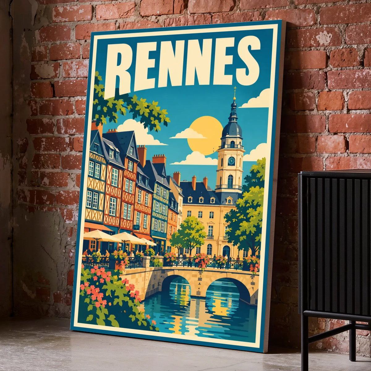 Toile décorative Rennes posée au sol sur un mur de briques