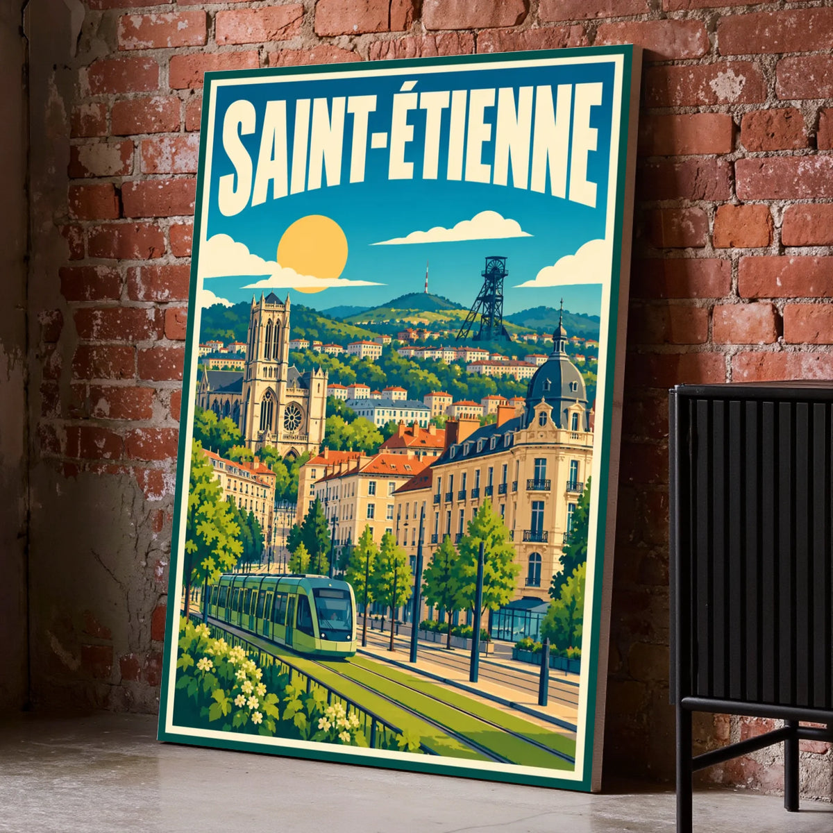 Toile décorative Saint-Étienne posée au sol sur un mur de briques