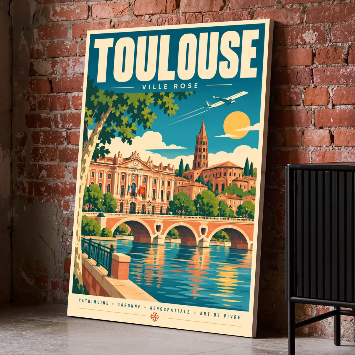 Toile décorative Toulouse posée au sol sur un mur de briques